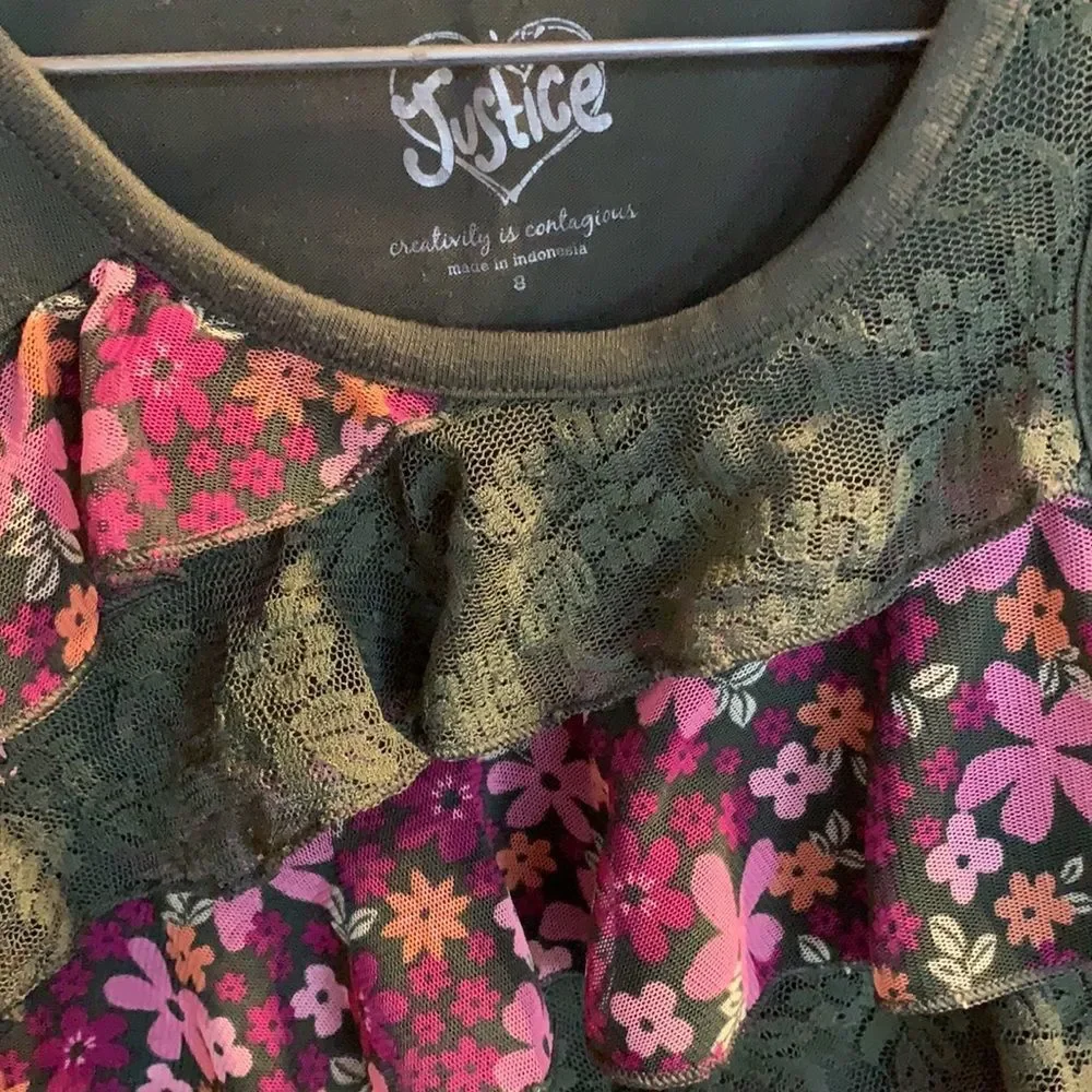 ❗️3/$23 Girls Justice Floral Lace Boho Western Ruffle Tank Top